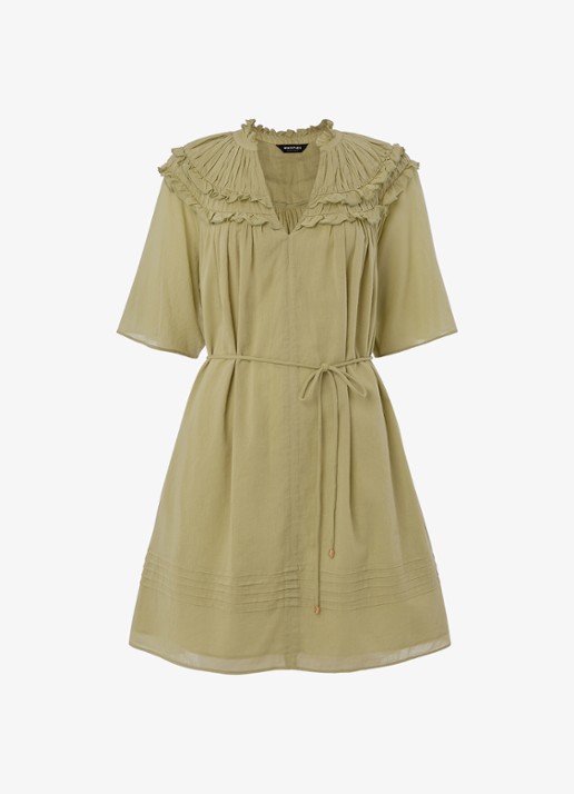 Whistles Mini tuniekjurk met smockwerk en ruches - voorkant khaki