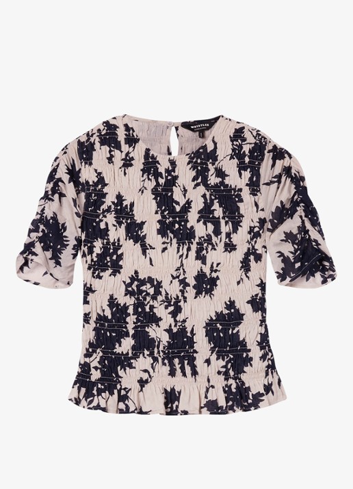 Whistles Shadow Floral blouse met bloemenprint en smockwerk - voorkant ivoor