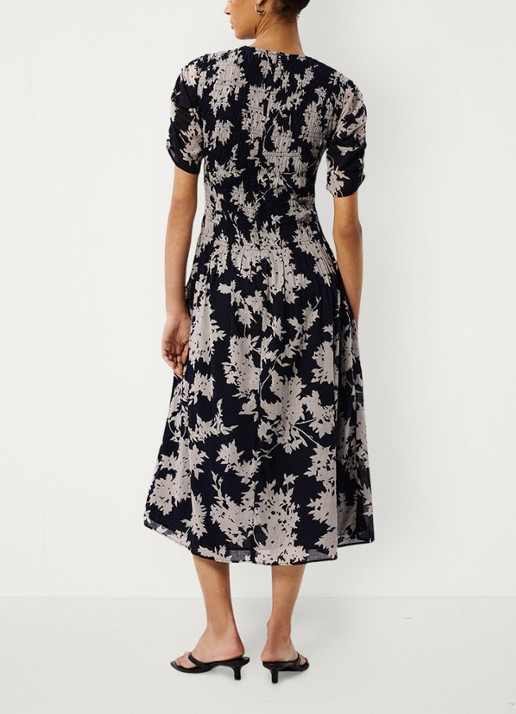Whistles Shadow Floral midi jurk met bloemenprint en smockwerk - achterkant 6 ivoor