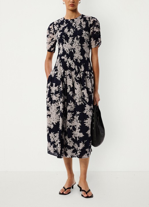 Whistles Shadow Floral midi jurk met bloemenprint en smockwerk - voorkant 2 ivoor