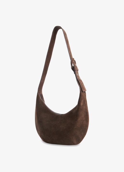 Whistles Sia crossbodytas van suède met verstelbare schouderriem  - detail donkerbruin