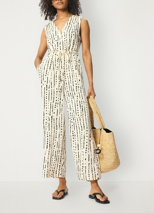 Whistles Wide fit jumpsuit met stippenprint - voorkant 3 creme