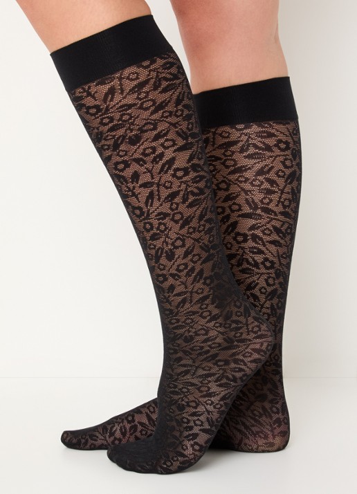 Wolford Bouquet kniekousen met bloemenprint in 30 denier - voorkant 2 zwart