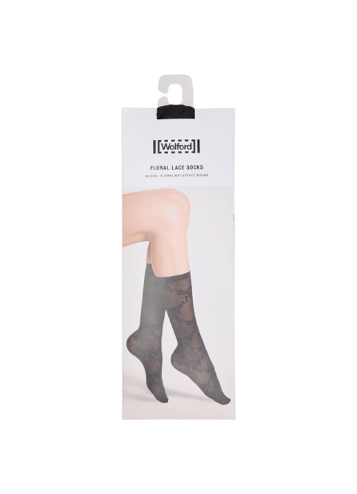 Wolford Floral Lace sokken van kant - voorkant zwart