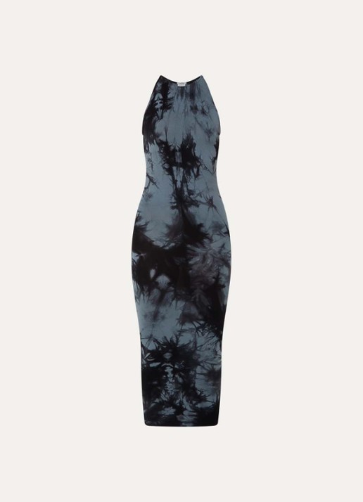 Wolford Ink midi halterjurk met tie-dye dessin - voorkant zwart