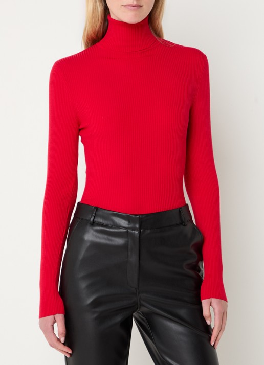 Wolford Merino ribgebreide coltrui van wol - detail 3 cranberryrood