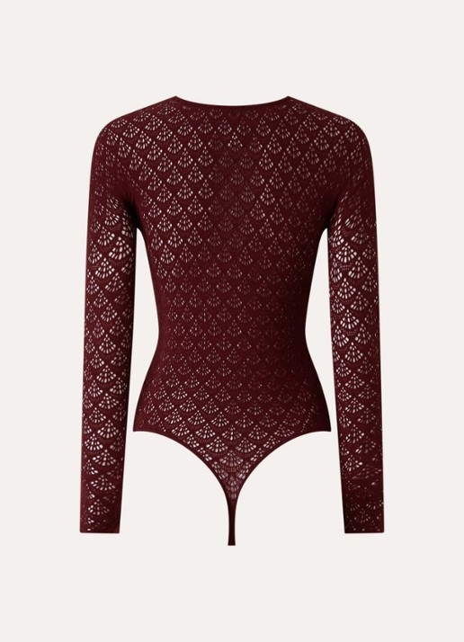 Wolford Mermaid stringbody met opengewerkt dessin  - achterkant 4 bordeauxrood