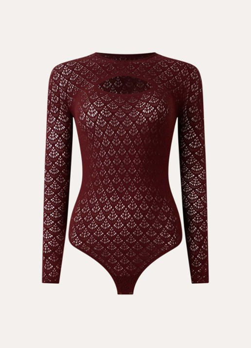Wolford Mermaid stringbody met opengewerkt dessin  - voorkant 2 bordeauxrood