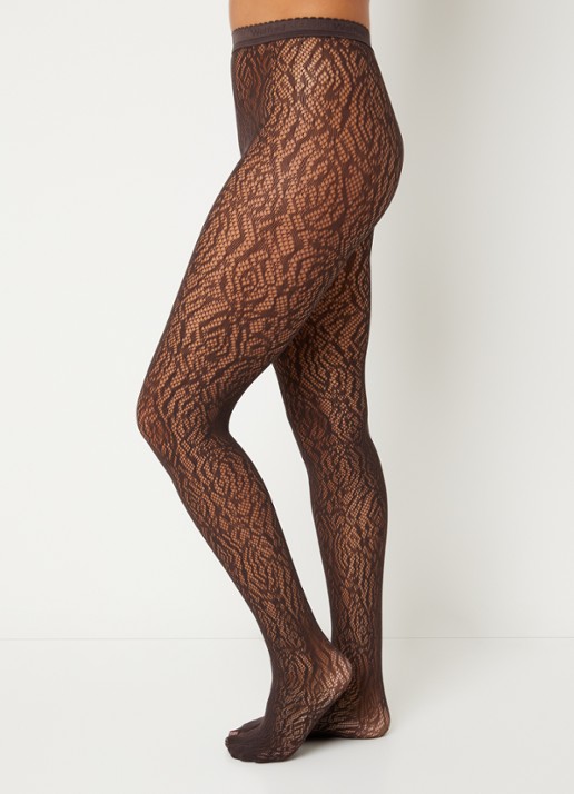 Wolford Rose Lace Effect netpanty  - voorkant 4 donkerbruin