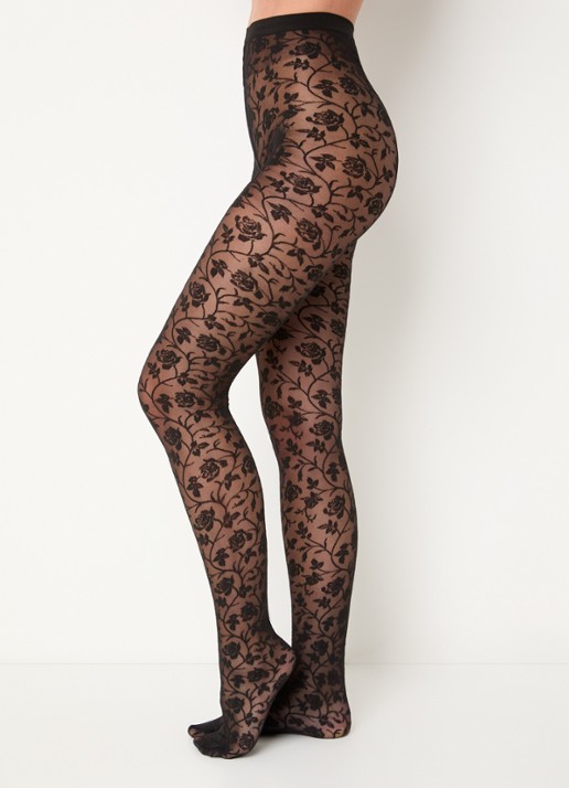 Wolford Rosie panty met bloemenprint in 20 denier - voorkant 2 zwart