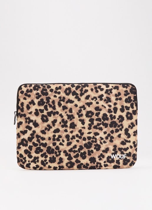 Wouf Feline laptophoes 14 inch met panterprint - voorkant zand