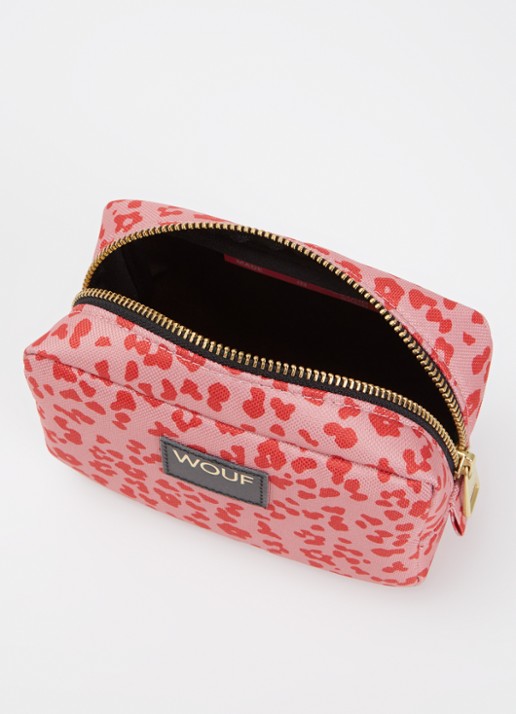 Wouf Roar make-up tas met panterprint - detail 2 koraalroze