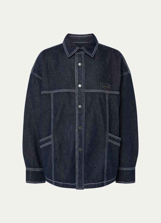 WRSTBHVR Leandra oversized blouse van denim met steekzakken - voorkant 3 donkerblauw