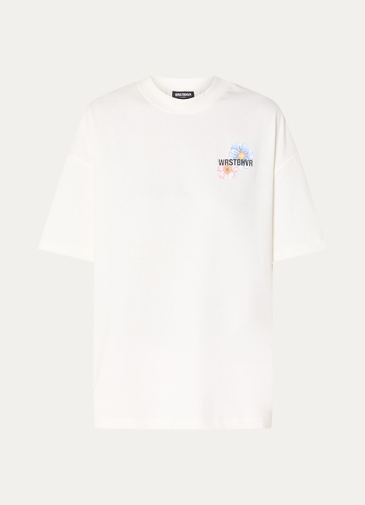 WRSTBHVR Olin T-shirt met logo- en backprint - voorkant gebroken wit