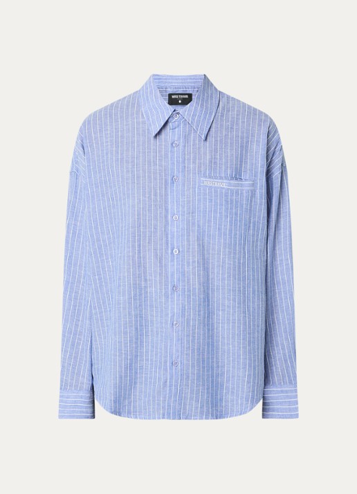 WRSTBHVR Tavi oversized blouse met streepprint en logo - voorkant 2 blauwgrijs