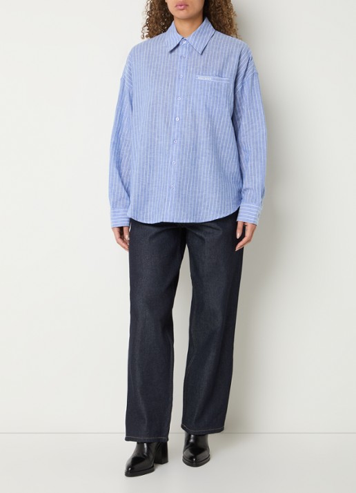 WRSTBHVR Tavi oversized blouse met streepprint en logo - voorkant 3 blauwgrijs