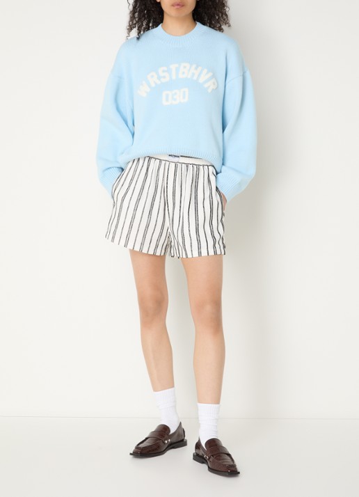 WRSTBHVR Tavina high waist straight fit korte broek met streepprint - voorkant 2 wit