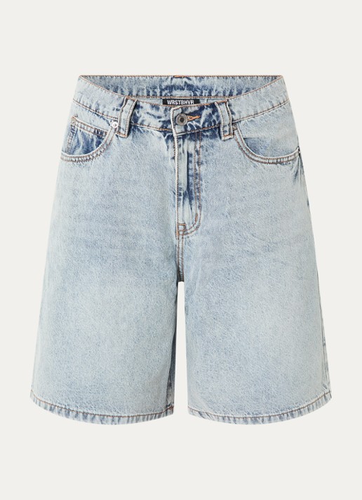 WRSTBHVR Yumi high waist wide leg korte broek van denim - voorkant indigo