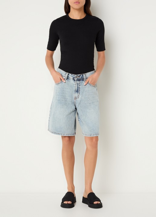 WRSTBHVR Yumi high waist wide leg korte broek van denim - voorkant 2 indigo