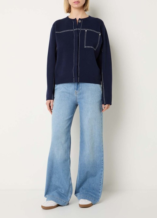 Xandres Alania fijngebreid vest met ingebreide print - voorkant 3 donkerblauw