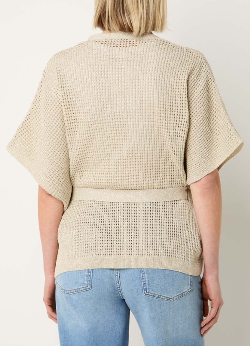 Xandres Binta grofgebreid gilet met lurex en strikceintuur - achterkant lindegroen