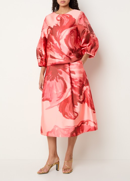 Xandres Hanzie tuniek met pofmouw en bloemenprint - voorkant 2 rood
