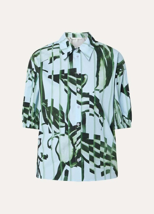 Xandres Hebad blouse met bloemenprint en pofmouw - voorkant 2 blauwgrijs