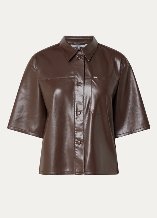 Xandres Horris blouse van imitatieleer met borstzak - voorkant donkerbruin