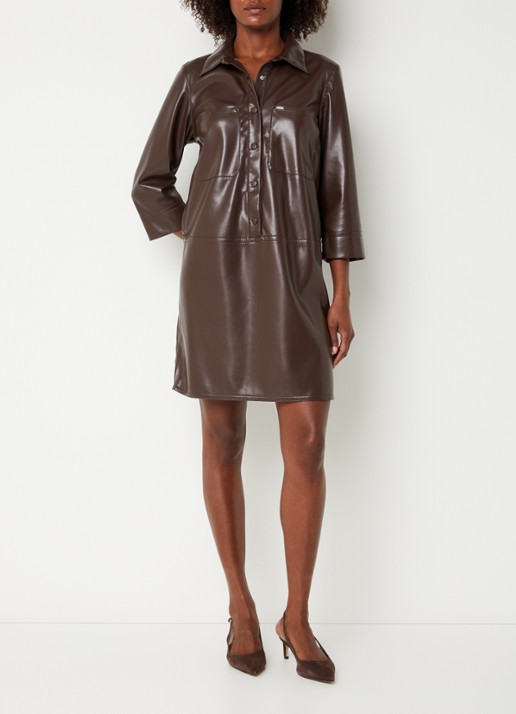 Xandres Kobien mini blousejurk van imitatieleer - voorkant 3 donkerbruin