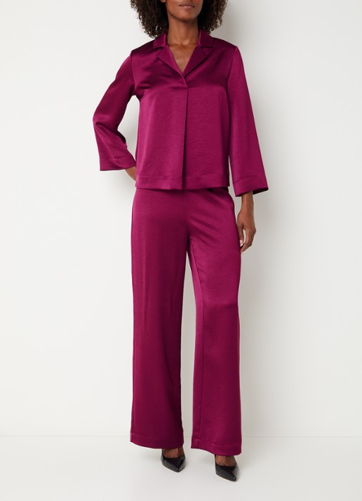 Xandres Paolo high waist wide fit broek van satijn - voorkant 4 aubergine