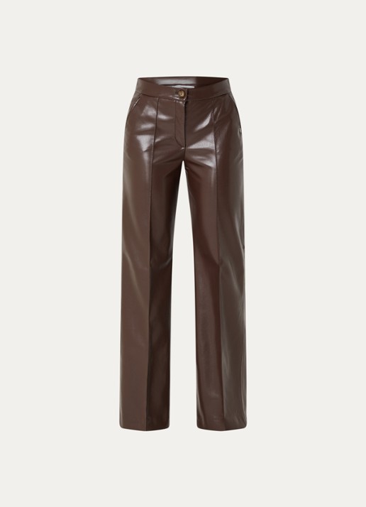 Xandres Pietrovic high waist straight fit broek van imitatieleer met steekzakken - voorkant donkerbruin
