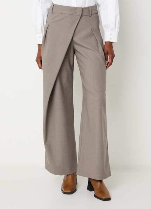 Xandres Pifo high waist wide fit pantalon in wolblend met steekzakken - detail donkerbeige