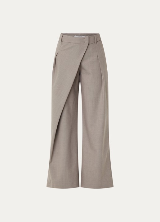 Xandres Pifo high waist wide fit pantalon in wolblend met steekzakken - voorkant 2 donkerbeige