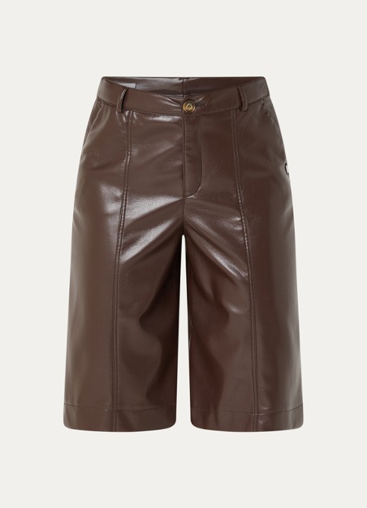 Xandres Puzanne high waist straight fit korte broek van imitatieleer - voorkant 2 donkerbruin