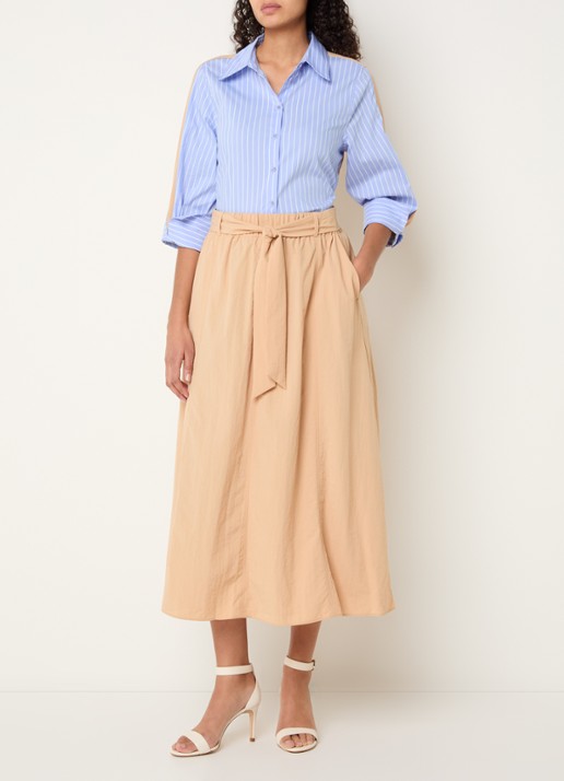 Xandres Rossi high waist midi A-lijn rok met strikceintuur - voorkant 2 camel