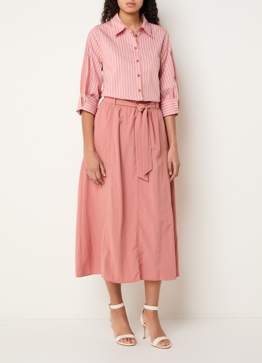 Xandres Rossi high waist midi A-lijn rok met strikceintuur - voorkant 3 koraal