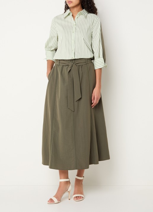 Xandres Rossi high waist midi A-lijn rok met strikceintuur - voorkant 4 bronsgroen