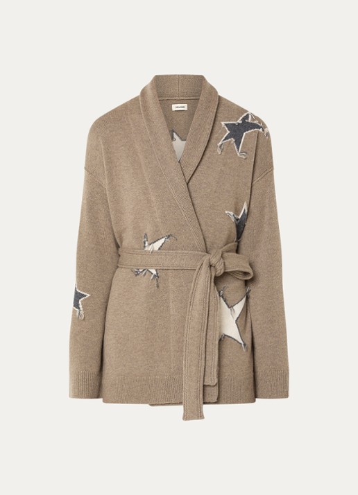 Zadig&Voltaire Alpa fijngebreid vest in kasjmierblend met strikceintuur - voorkant 3 zand