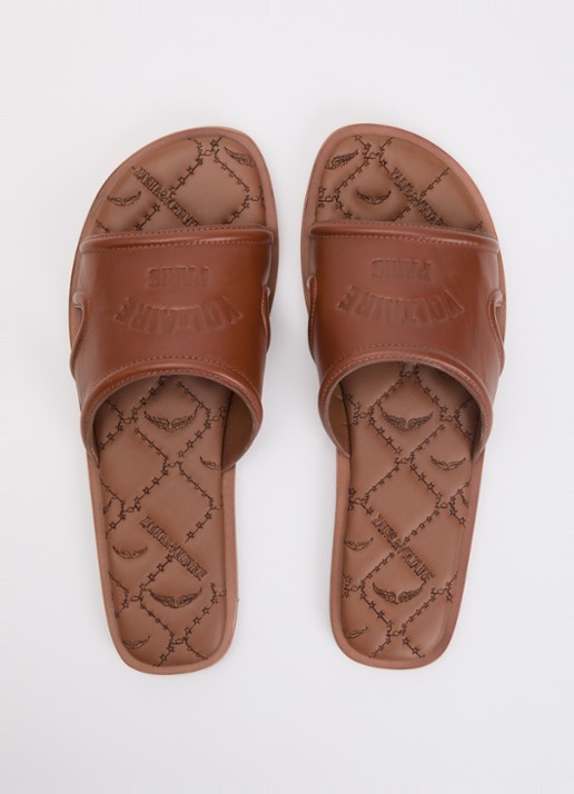 Zadig&Voltaire Beach slipper van leer met logo - detail 2 cognac
