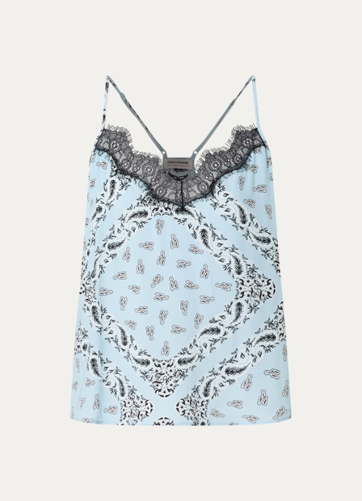 Zadig&Voltaire Cespa spaghettitop met paisley dessin en details van kant - voorkant 3 lichtblauw
