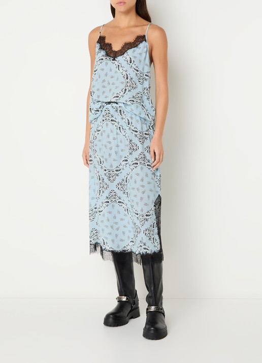 Zadig&Voltaire Cespa spaghettitop met paisley dessin en details van kant - voorkant 4 lichtblauw