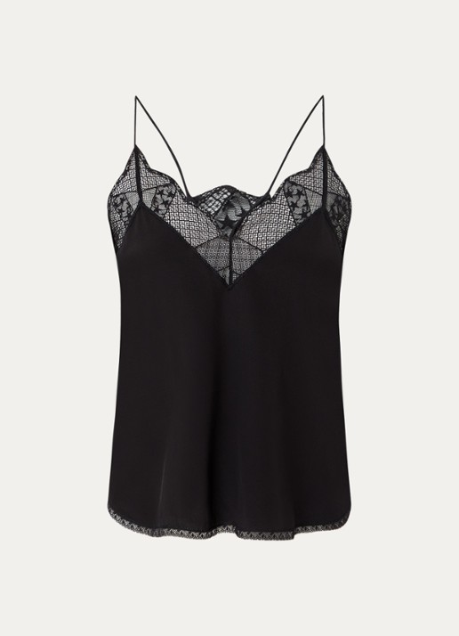 Zadig&Voltaire Christy spaghetti top van zijde met bies van kant - voorkant 2 zwart