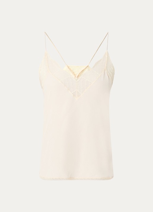 Zadig&Voltaire Christy spaghetti top van zijde met bies van kant - voorkant 3 gebroken wit