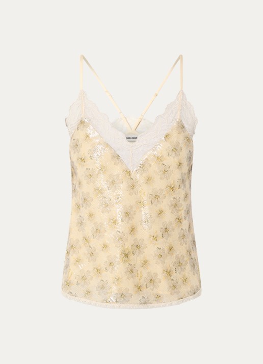 Zadig&Voltaire Christy spaghettitop met pailletten en kanten details - voorkant 3 vanillegeel