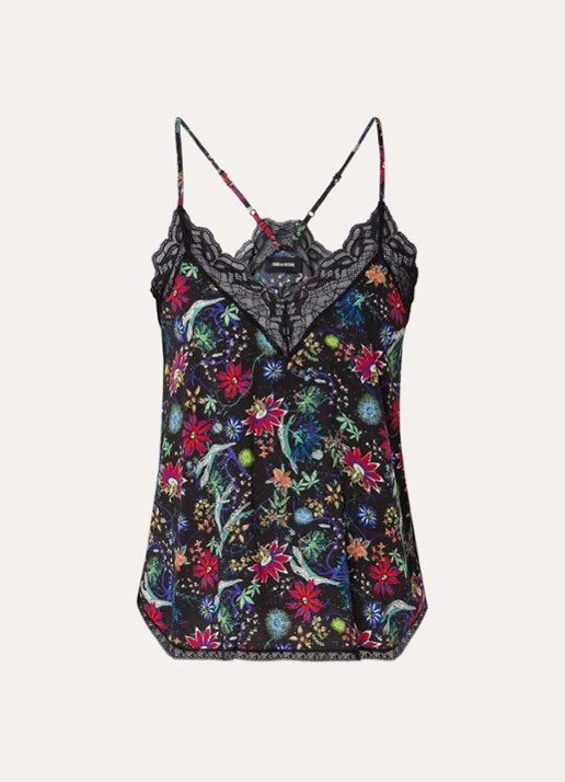 Zadig&Voltaire Christy top met bloemenprint en details van kant - voorkant 3 zwart
