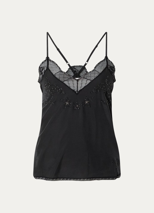 Zadig&Voltaire Christy top van zijde met details van kant - voorkant antraciet