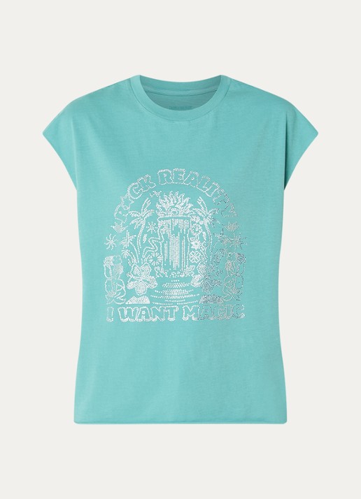 Zadig&Voltaire Cloe Cascade T-shirt met print en strass - voorkant turquoise