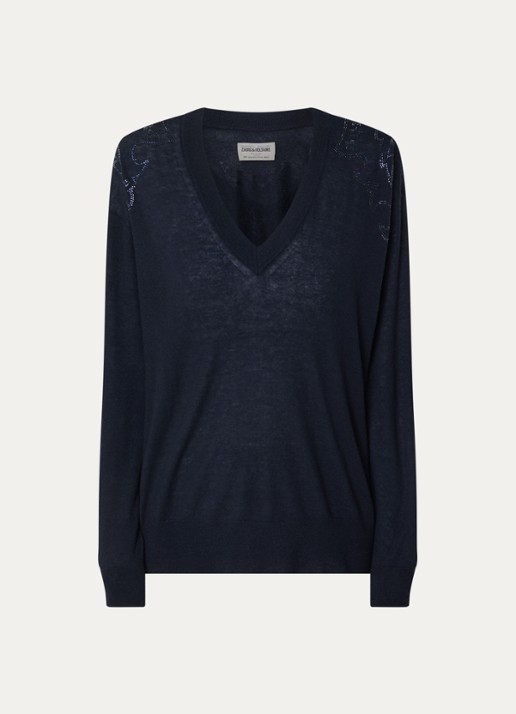 Zadig&Voltaire Fijngebreide pullover van kasjmier met strass - voorkant donkerblauw