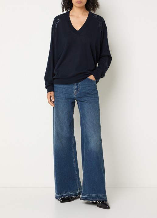 Zadig&Voltaire Fijngebreide pullover van kasjmier met strass - voorkant 2 donkerblauw