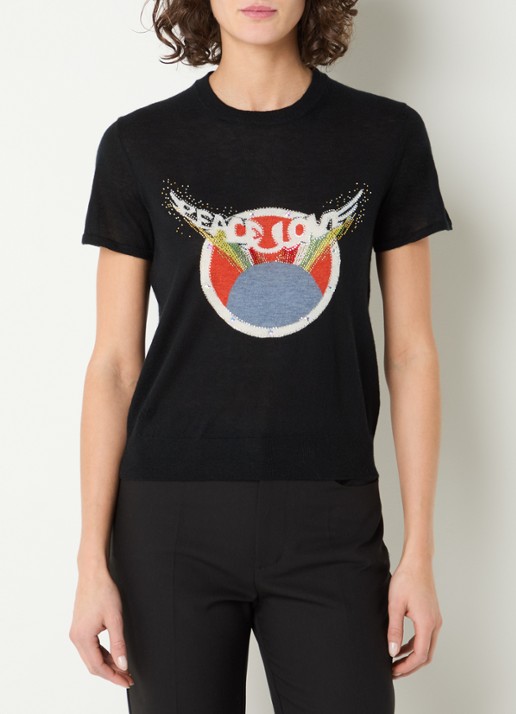 Zadig&Voltaire Idal fijngebreid T-shirt van kasjmier met ingebreide print en strass